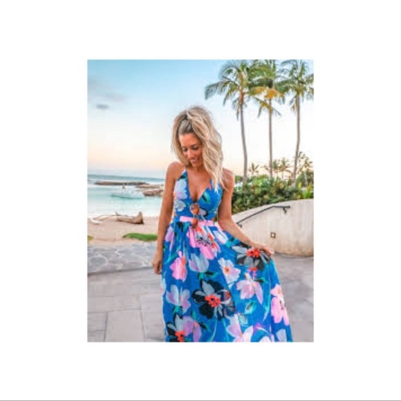 Express Size XS floral blue/pink cutout lace back maxi dress NWOT - Picture 7 of 9